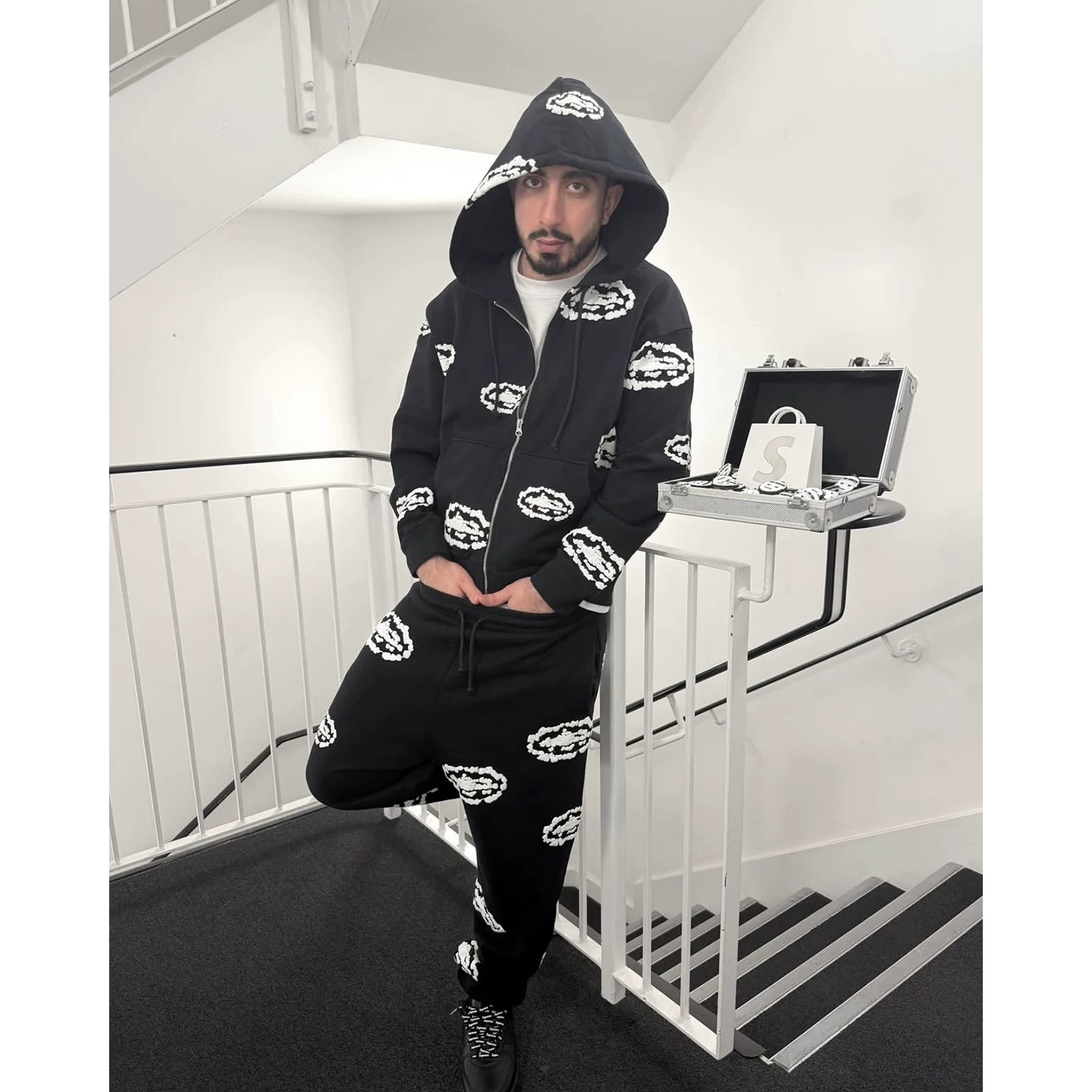 Corteiz collaboration full print zipper cardigan hooded sweatshirt men's hip-hop street loose sports sweatpants set