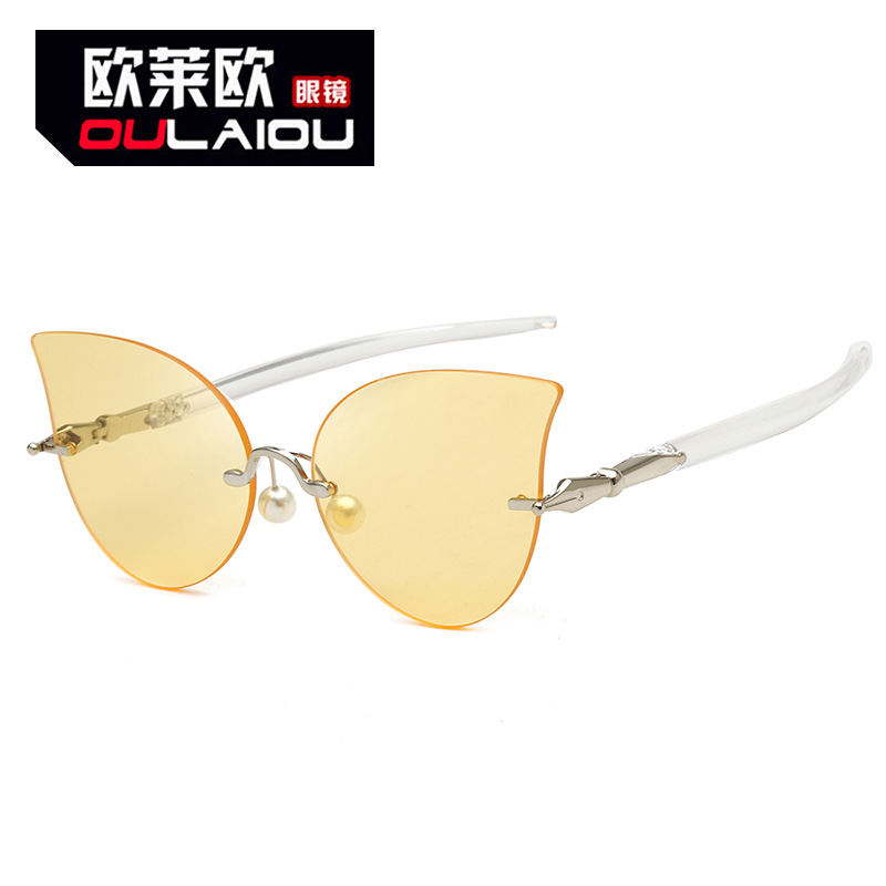 Oleo 8353 Retro Frameless Sunglasses Cat's Eye Metal Pen Leg European and American Cross-border Sunglasses Women's All-match