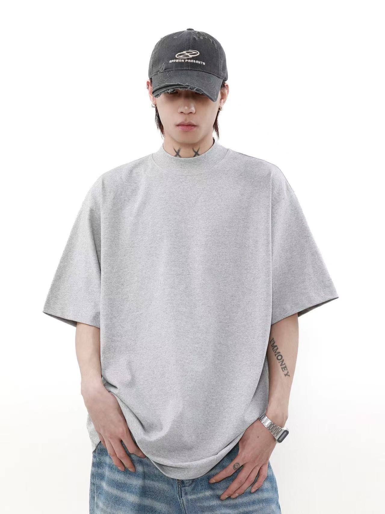 320g Half Turtleneck American T-Shirt Short-Sleeved Men's Heavy Loose Shoulder Normcore Pure Color Cotton Inner Wear Oversize