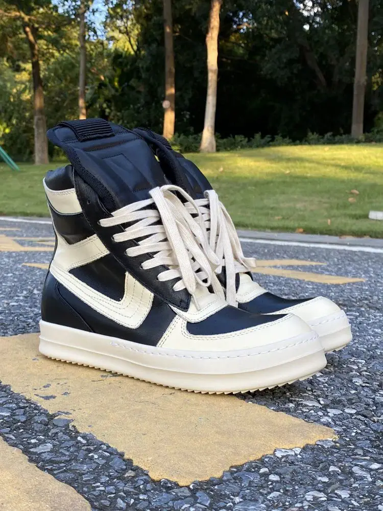 Ro Fabled Large Hook Inverted Triangle High-Top Shoes Black and White Men's Shoes Genuine Leather Large Size Thick-Soled European and American Trendy Short Boots for Women