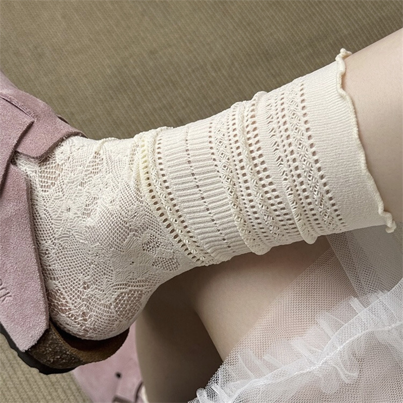 Hollow Lace Socks Women's Mid-Calf Socks Summer Thin Miu Style Ballet Style Summer Pile Socks with Small Leather Shoes