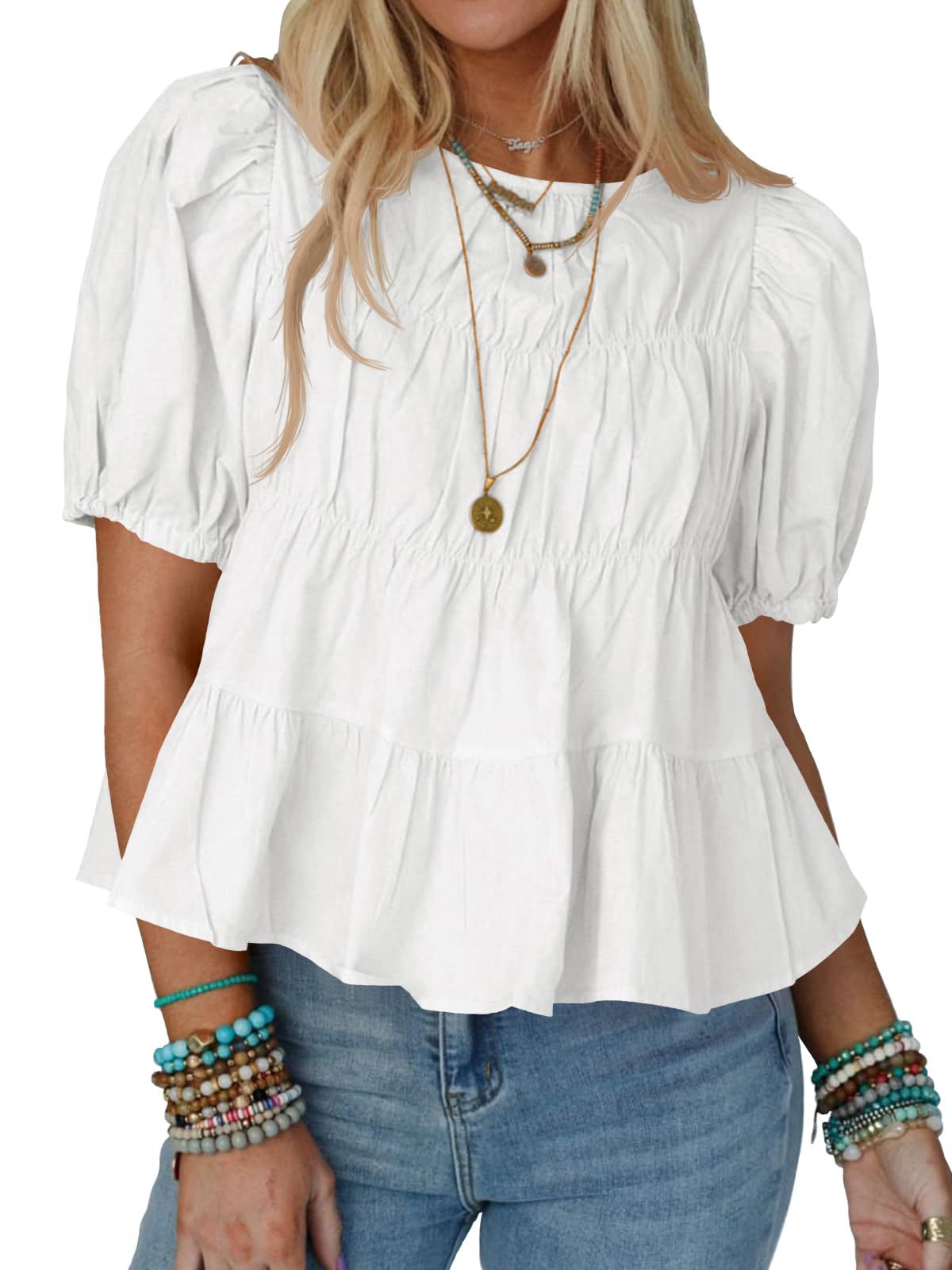 2026 New Cross-Border Summer Puff Sleeve Babydoll Shirt Short-Sleeved Loose Casual A-Line Pleated Stylish Top