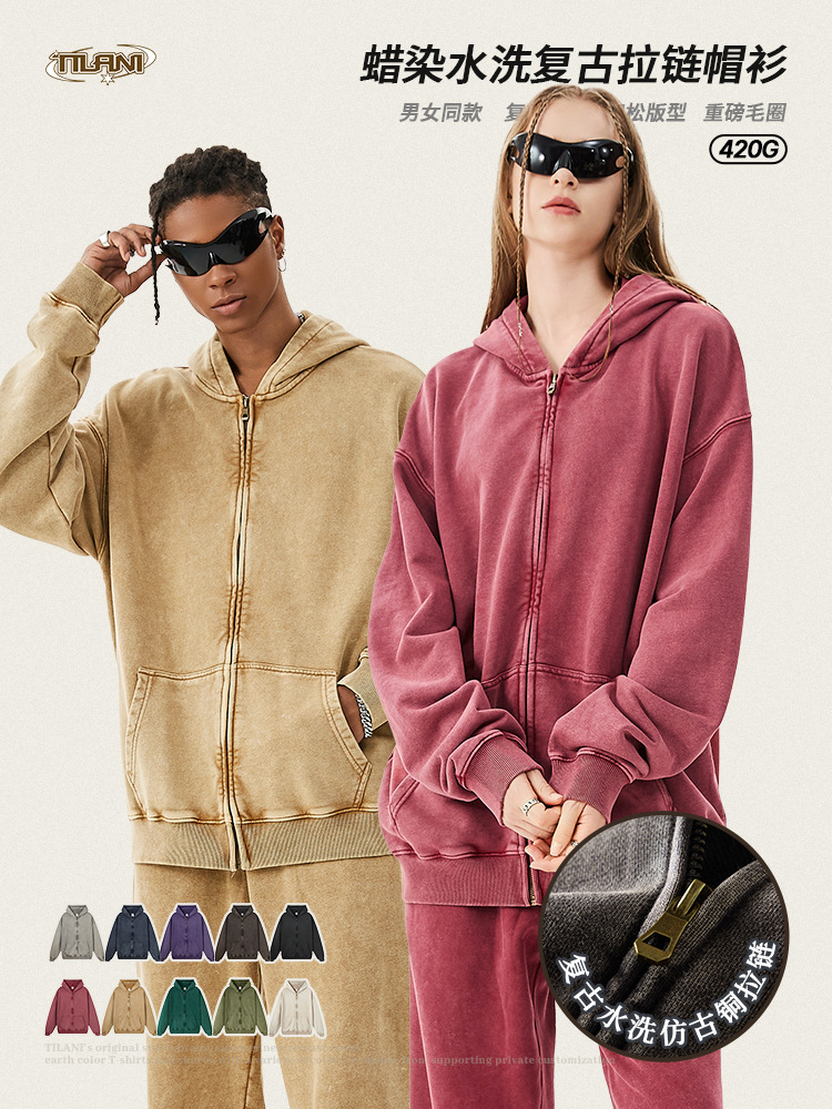 Tilani Men's Clothing 2026Ss420G Water-Waxed Heavy Terry Hooded Zipper Sweatshirt Unisex Casual Jacket