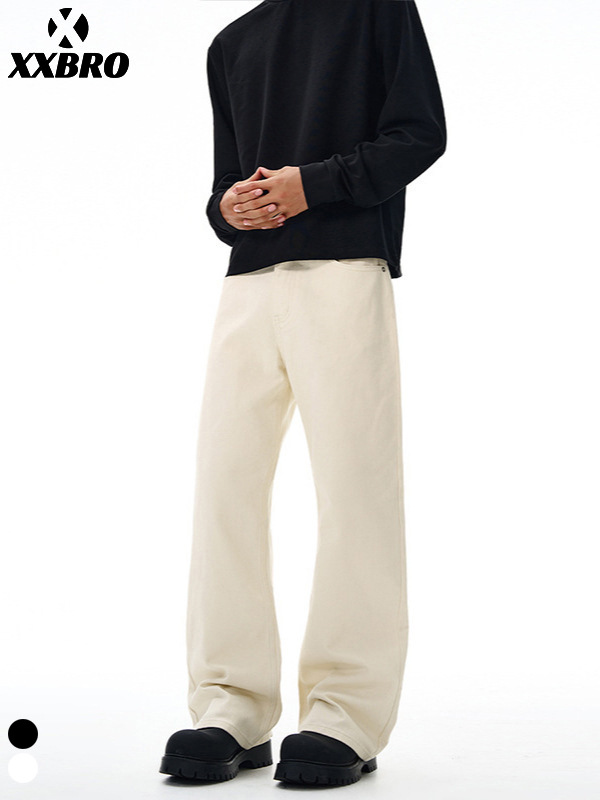 Muxi Clothing # American High Street Style Off-White Trendy Brand Cleanfit Basic Flared Jeans Pure Cotton Pants