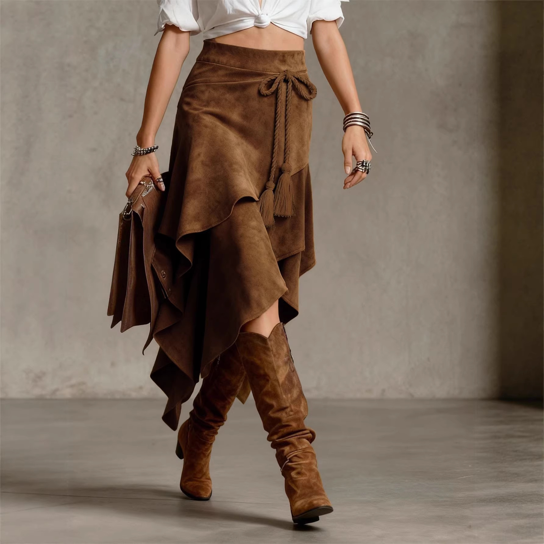 2026 Amazon European and American Cross-Border European Size Retro Western Style Irregular Design Suede Skirt Solid Color Skirt