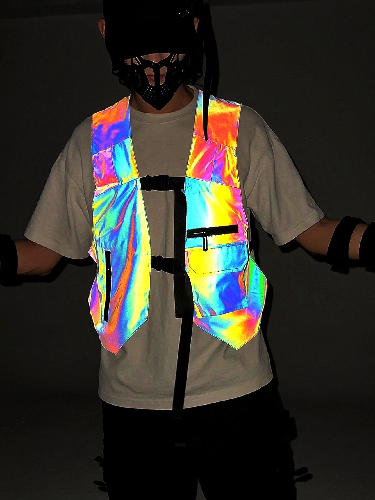 Tactical Functional Wind Colorful Reflective Vest Ribbon Multi-Pocket Workwear Waistcoat Luminous Vest Jacket for Men and Women