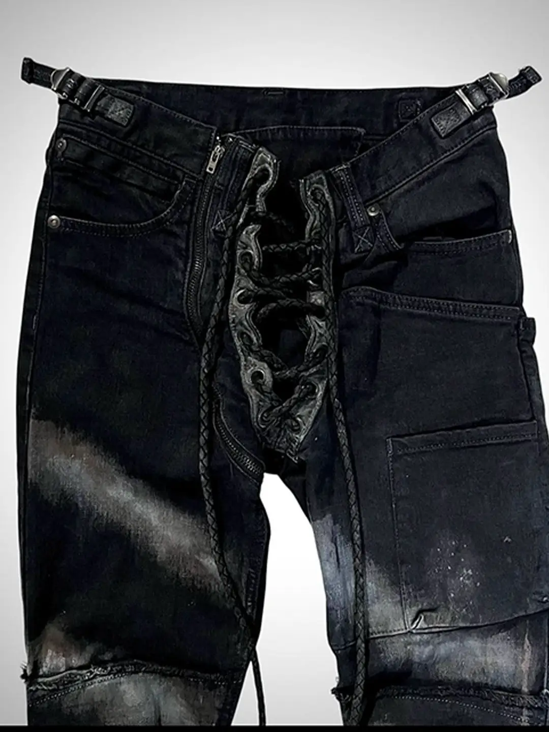 Self-Designed Ifsixwasnine Visual Style Washed Striped Lace-Up Slim Fit Flared Jeans