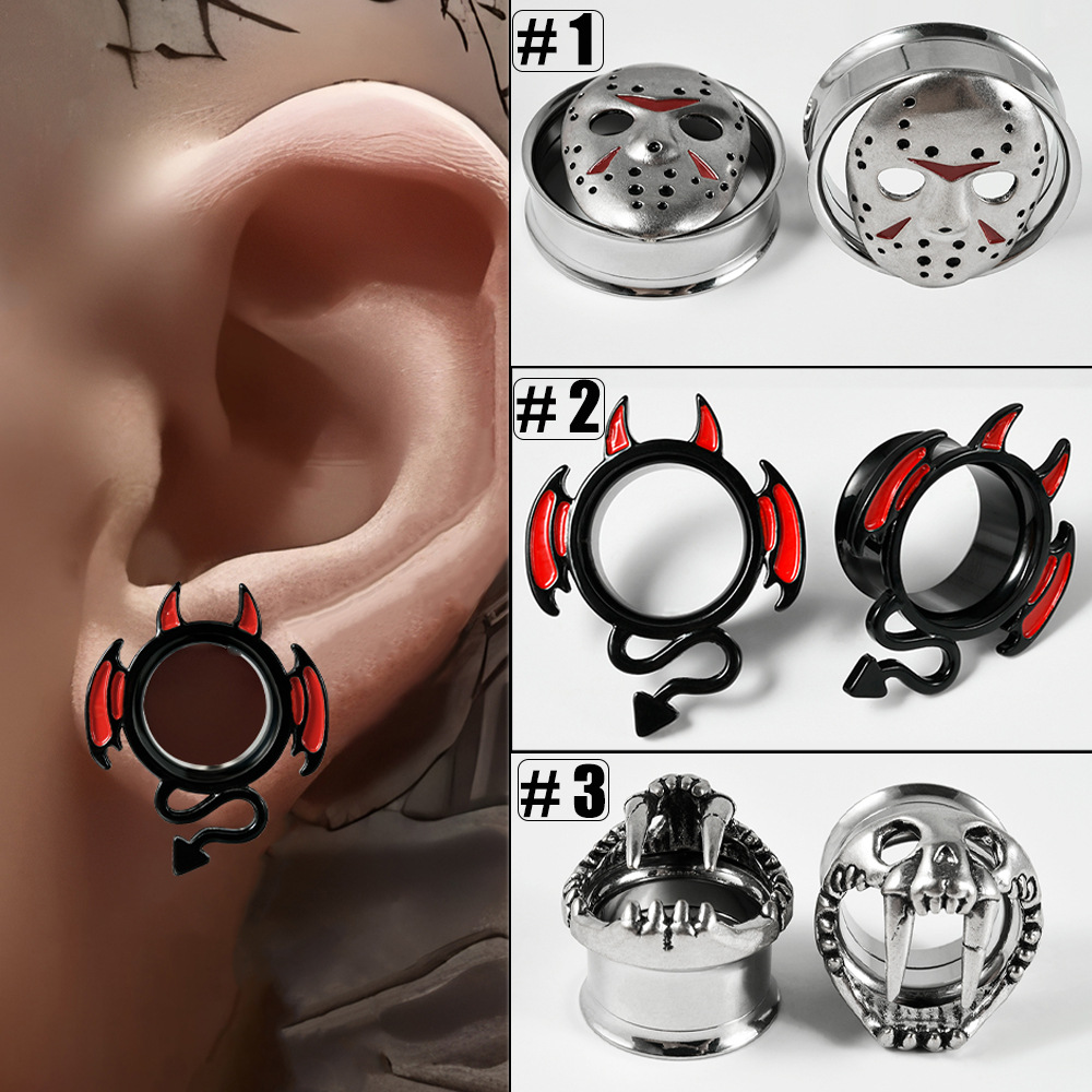 Cross-border Stainless Steel Horn Mask Auricle Electroplated Demon Earrings Skull Inner Teeth Pulley Ear Enlargement Puncture Earrings