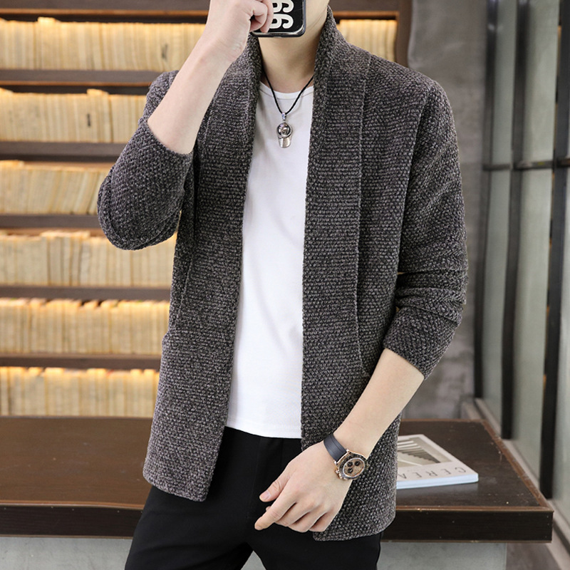 Tiktok Same Style 2022 Spring and Autumn Men's Long-Sleeve Knit Sweater Korean Version Casual Chenille Cardigan Men's in Stock