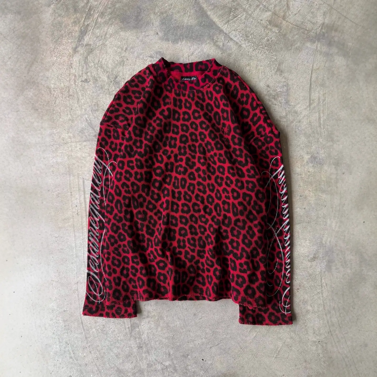 American Retro Street Trendy Loose Leopard Print Double-Sleeved English Printed Ins Style Round Neck Casual Long-Sleeved T-Shirt