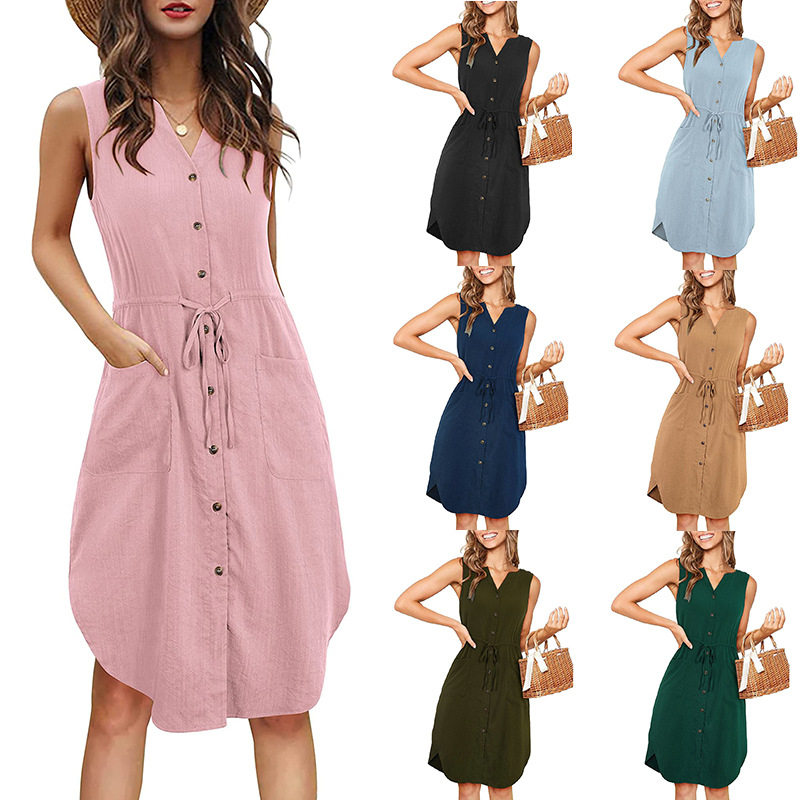 2023 European and American Cross-Border Amazon Casual Women's Sleeveless V-Neck Button Tie Pocket Dress Elegant Temperament