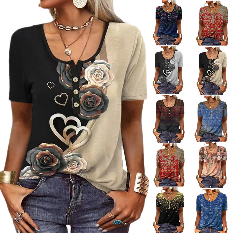 European and American Cross-Border 2023 Spring/Summer Temu Independent Platform Wish Women's Printed Ethnic Fashion Short-Sleeve T-Shirt with Buttons