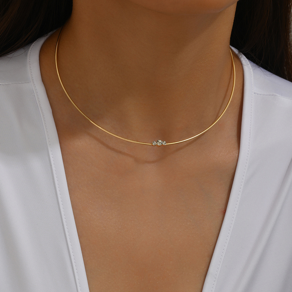 18K Gold Stainless Steel Zircon Choker with Diamond Inlay, Simple and Versatile Non-Fading Clavicle Chain, European and American Cross-Border Jewelry