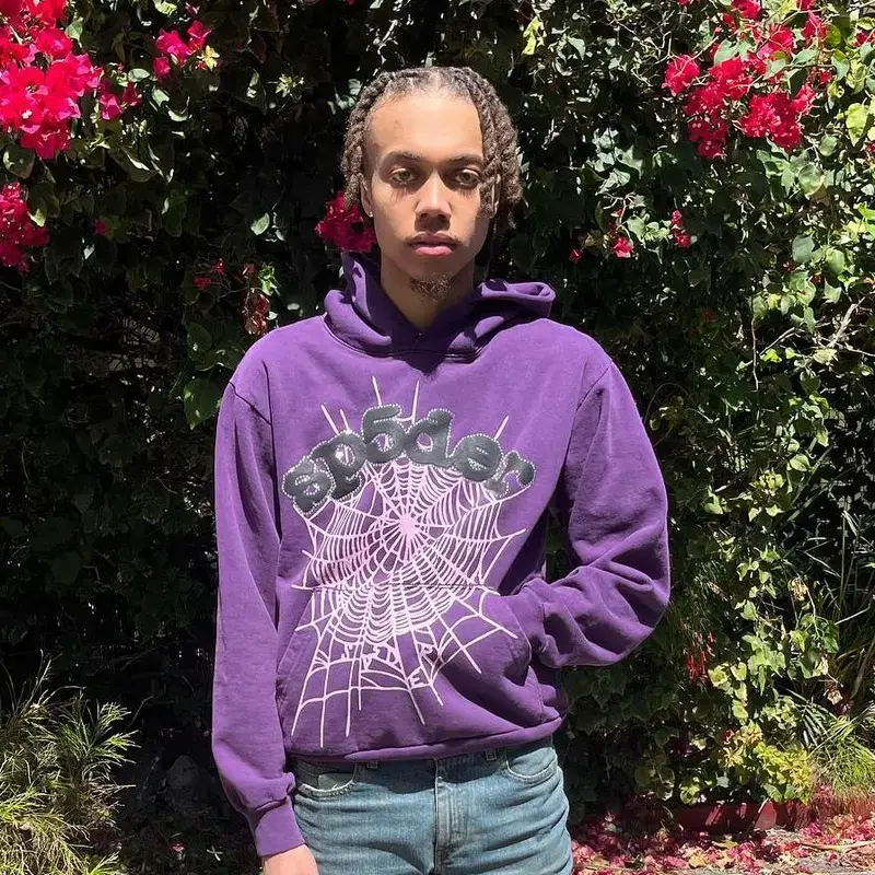 Celebrity Same Style Sp5Der 555555 Web Hoodie Pants Purple Glitter pants Sweatshirt Suit