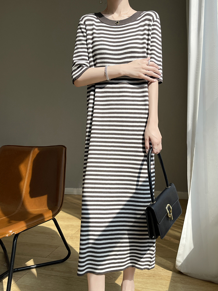 Striped Bamboo Dress for Women, Summer Style, Round Neck, Waist-Cinching, Slimming, Cool and Breathable Dress, Versatile and Stylish Dress