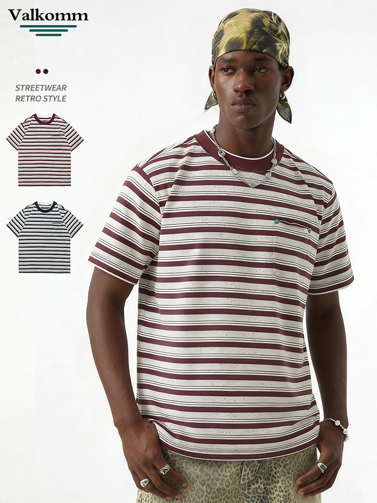 Laikai American-Style Street Retro Striped Short-Sleeve T-Shirt for Men, New Spring Model with Contrasting Color Pocket Design, Loose Fit Top