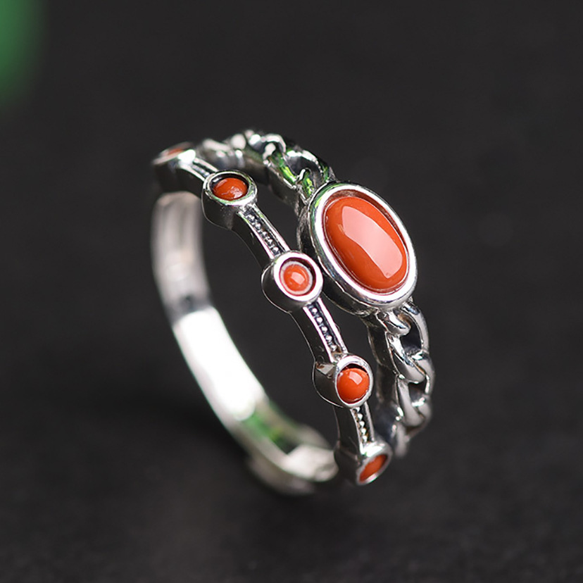Chinese Style Double-layer Ring Women's Vintage National Fashion Imitation South Red Adjustable Ring Women's Index Finger Ethnic Style Niche Tail Ring