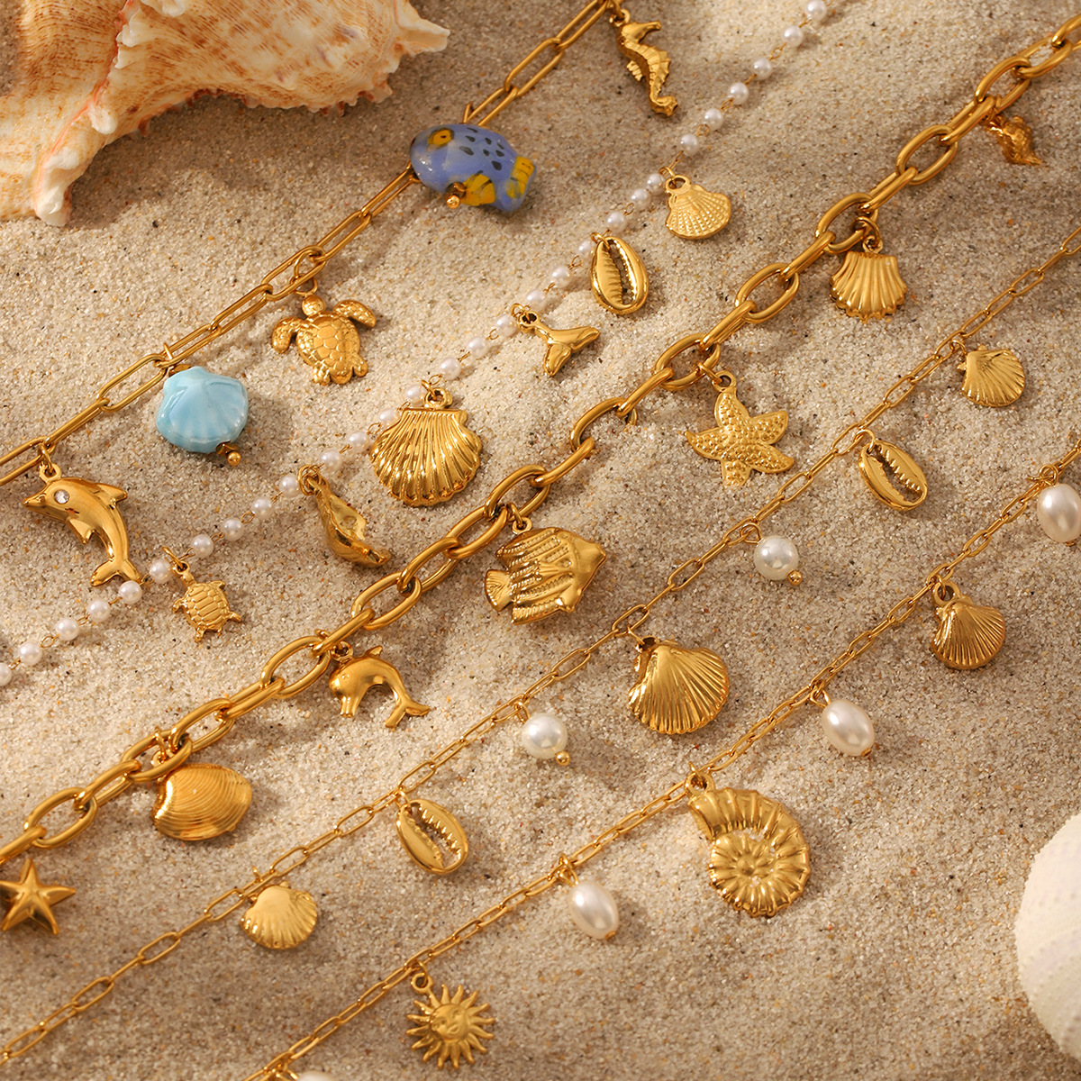 Cross-border Europe and the United States hot-selling marine series tassel stainless steel necklace non-fading clavicle chain high-level shell necklace
