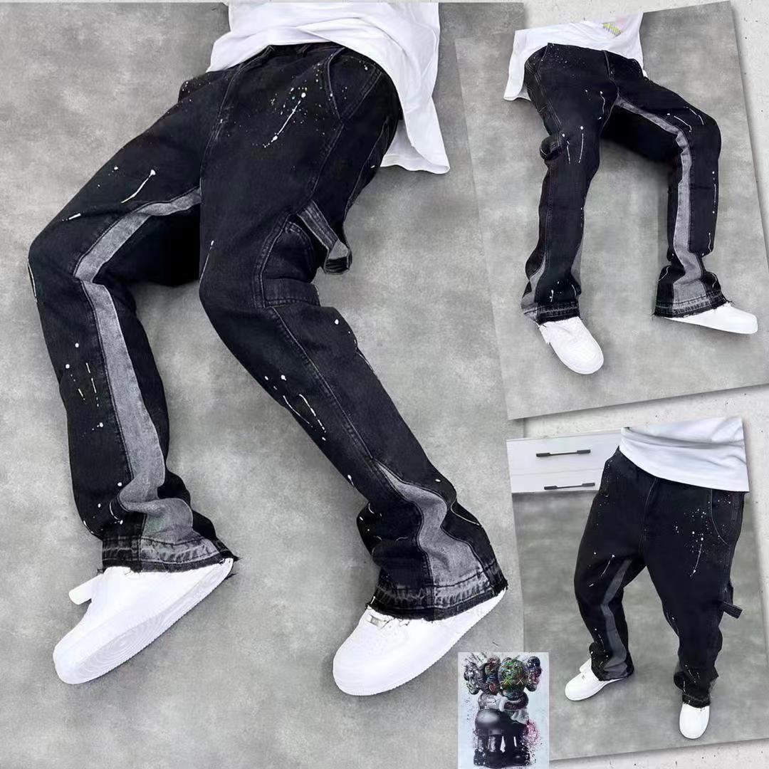 High street fashion brand splash ink micro flared jeans men's American retro vibe style loose straight casual mopping trousers