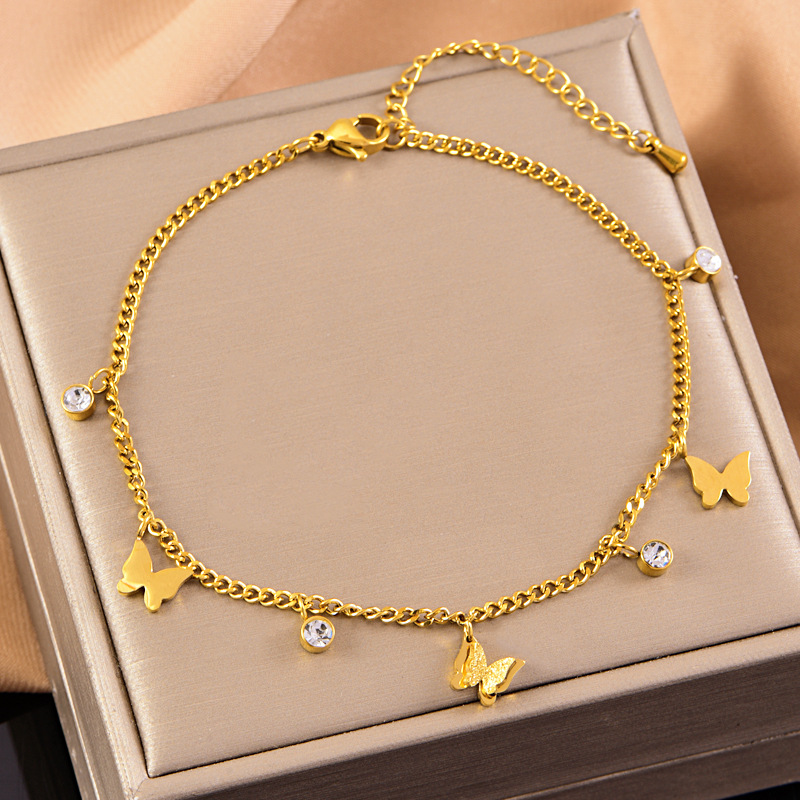 Fashion classic stainless steel three-dimensional frosted butterfly anklet female smooth butterfly zircon non-fading foot ornaments wholesale