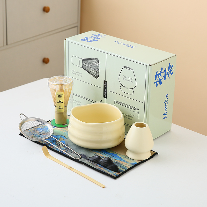Ceramic Matcha Bowl Set with Tea Whisk Stand, Tea Ceremony Tools Gift Box, Exclusively for Cross-Border Supply