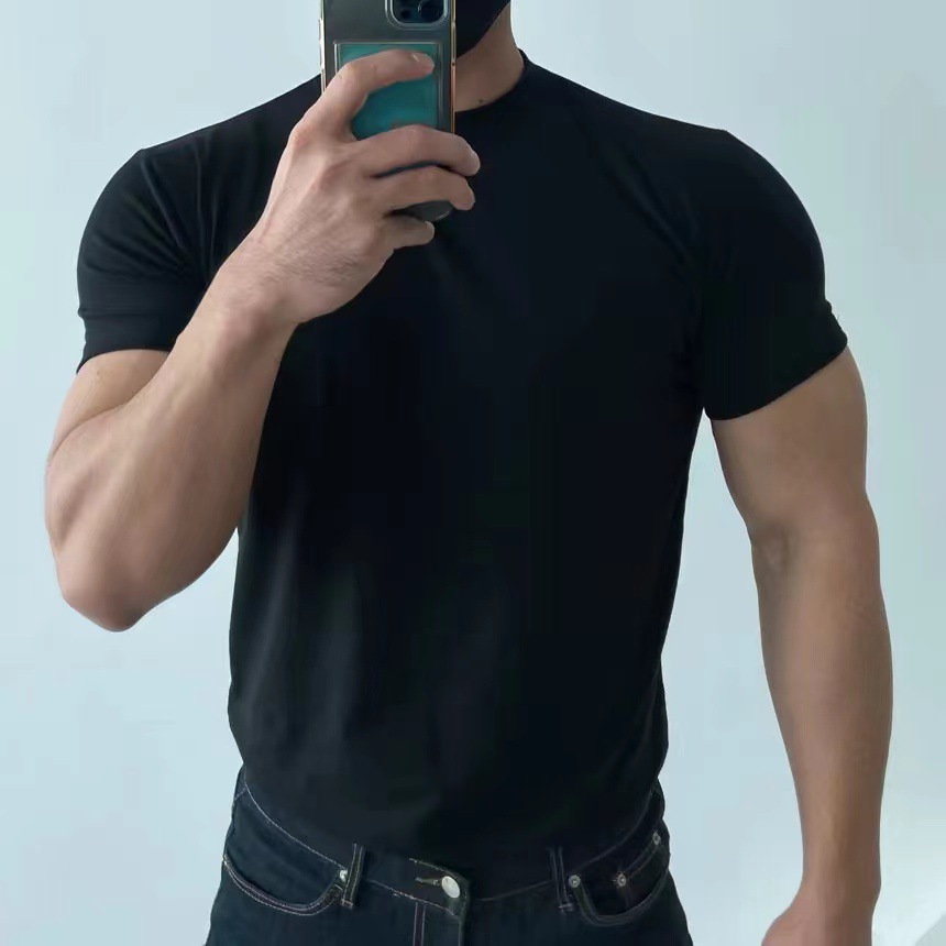 European and American Quick-drying Crewneck Short-sleeved T-shirt Men's 2024 Summer Ice Silk Cool Slimming Base Shirt Ins All-match Figure Shirt