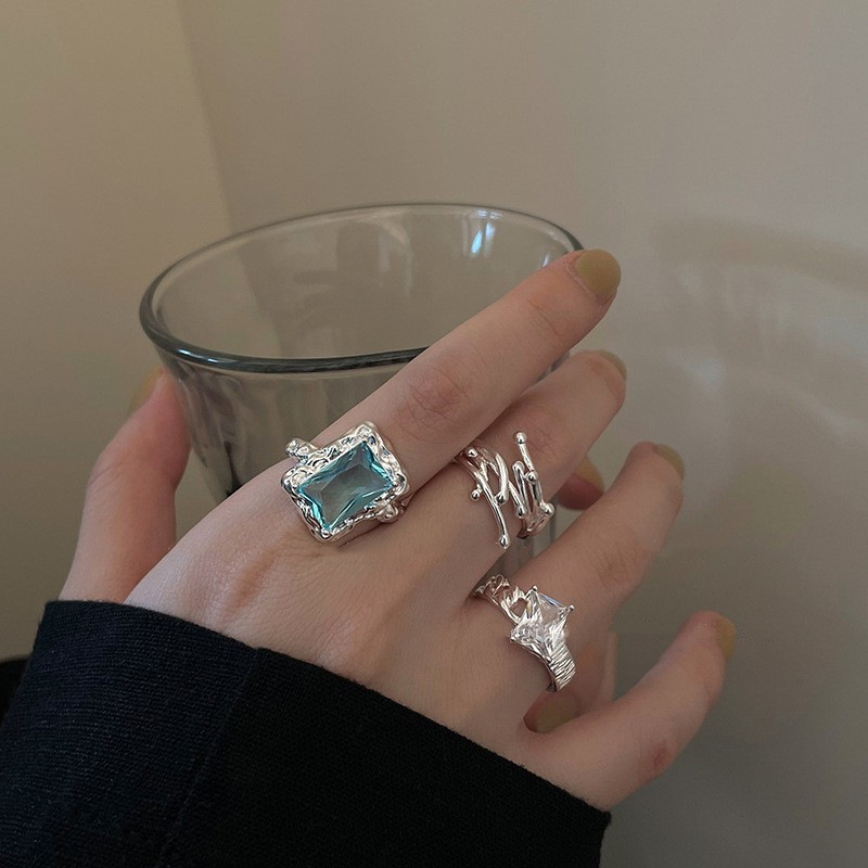 Korean and Japanese Style Fresh Sea Blue Ring for Women, Vintage Fashion, Unique Line Design, Open Ring, Index Finger Ring, Trendy