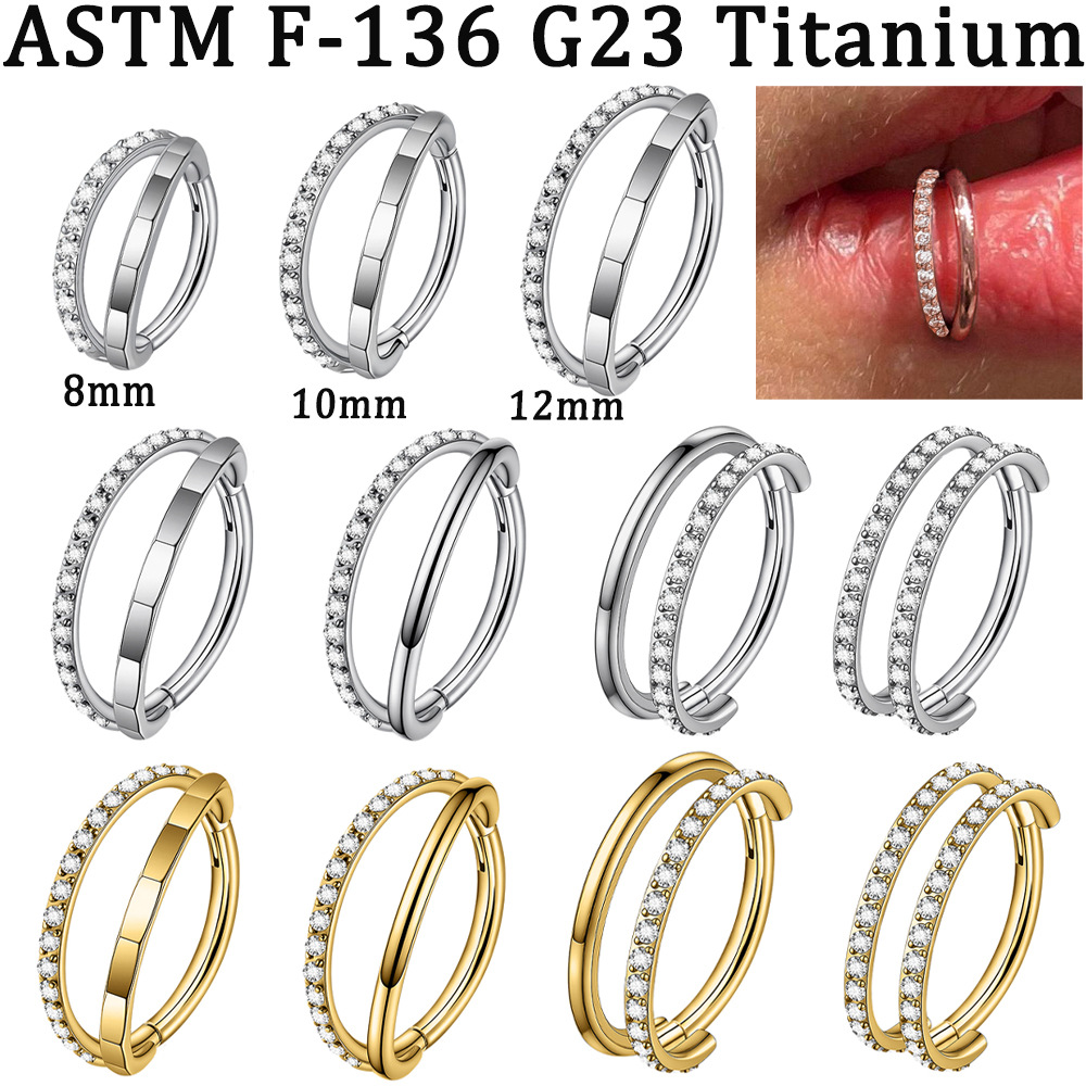 Cross-Border G23 Titanium Electroplated Curved Zircon Double-Layer Closed Nose Ring, Split Ring Ear Hoop, Ear Cartilage Piercing Lip Ring Accessory