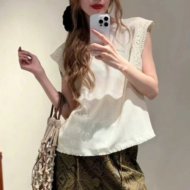 Nanyou 2026 Fashion Versatile High-Quality Linen Structured Crochet Lace Top Age-Reducing Sleeveless Shirt