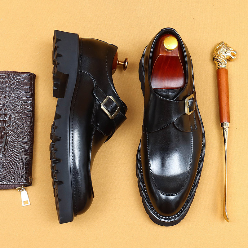 [Vip Exclusive] Business Leather Shoes Men's Genuine Leather Pointed Toe British Slip-On Buckle Men's Shoes Thick-Soled Men's Shoes Wholesale
