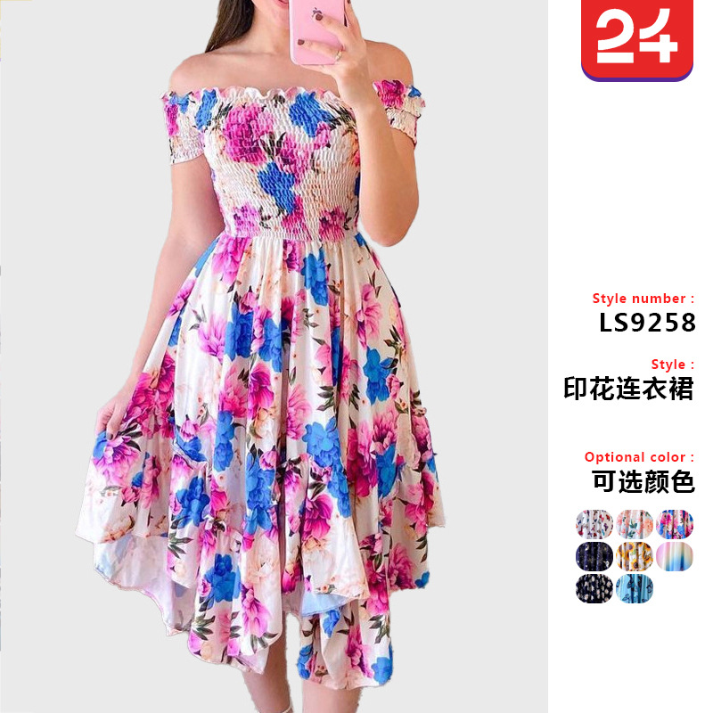 2025 European and American Cross-Border Amazon Ebay One-Line Collar Asymmetrical Off-Shoulder Short-Sleeved Digital Print Dress