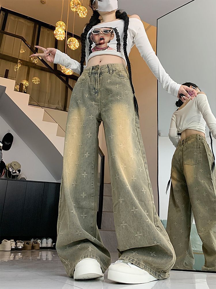 American Retro Washed Denim Jeans, New Heavy-Duty Cross-Star Design, High-Waisted Loose Long Pants for Spring and Autumn, Trendy Ins Style
