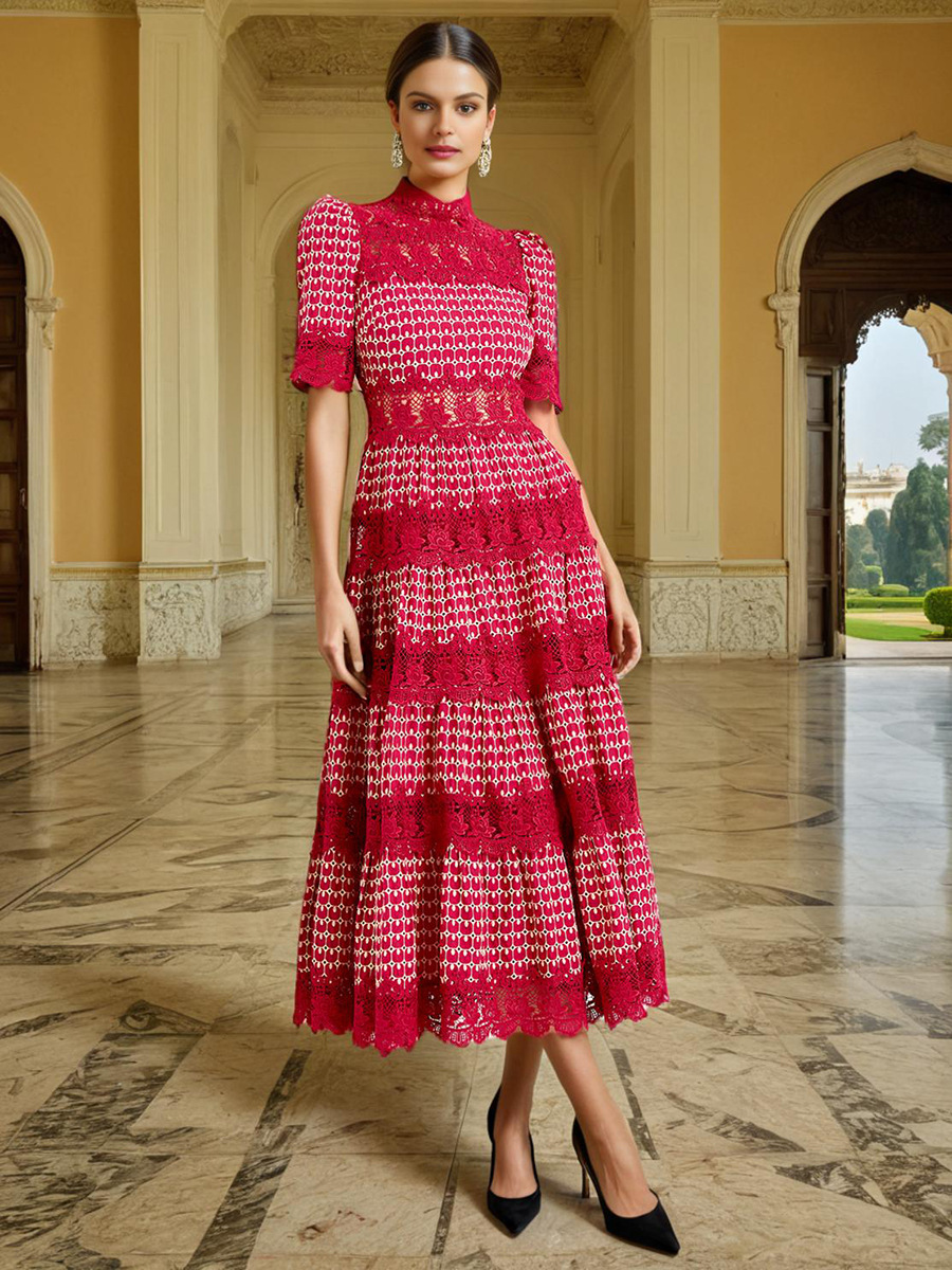 French-Style Vintage Retro 2026 Summer New Lace Hollow-Out Color-Blocking Short-Sleeve Waist-Cinching Dress for Women