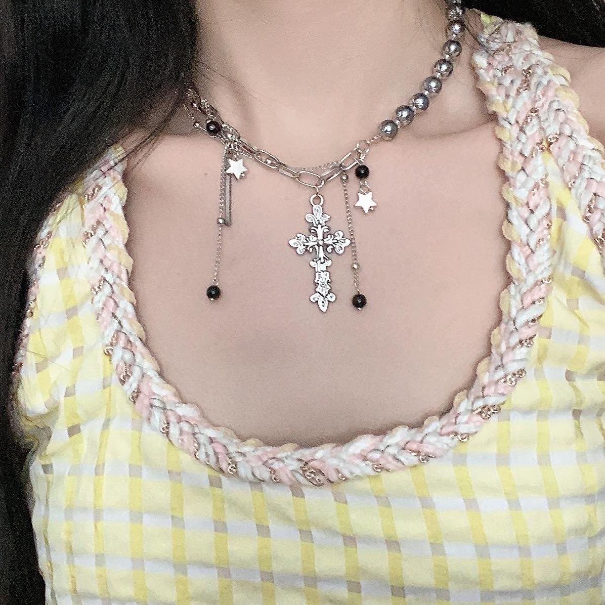 Cross Pendant Beaded Splicing Necklace Punk Hip-Hop Niche Clavicle Chain Cross-Border European and American Fashion Temperament Necklace