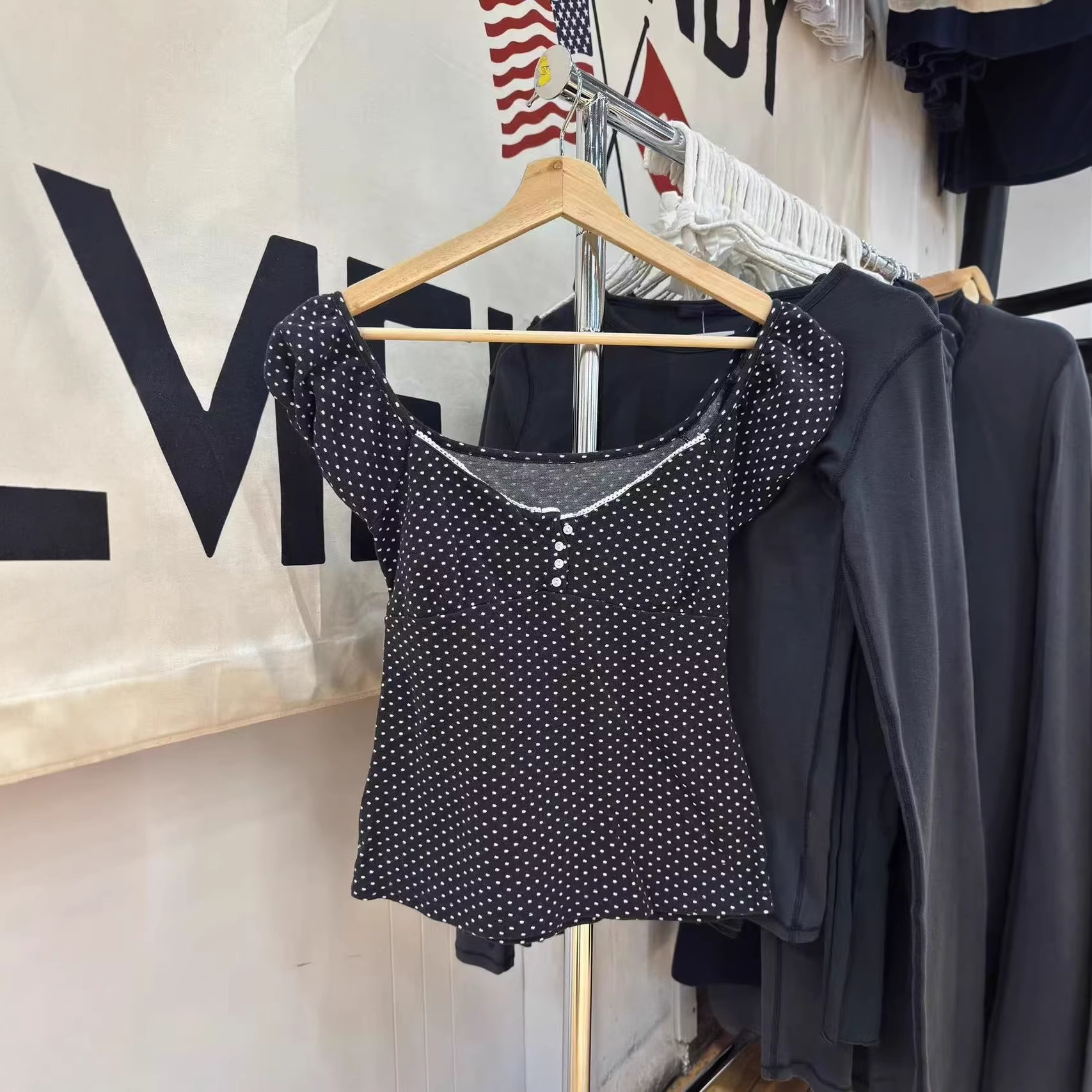 Bm Style New American Retro Four-Button Polka Dot Short-Sleeved T-Shirt for Women Bm Versatile Lace Collar Casual Slimming Top