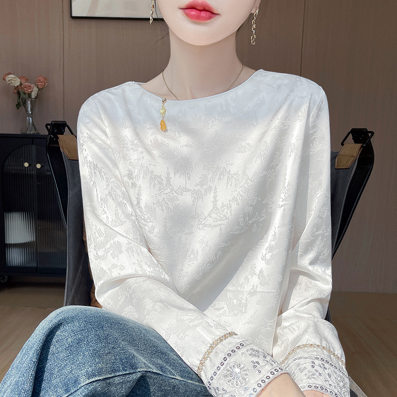Light Chinese-Style Jacquard Long-Sleeve Shirt for Women, 2026 Spring/Summer Thin Round-Neck Satin Base Shirt Top