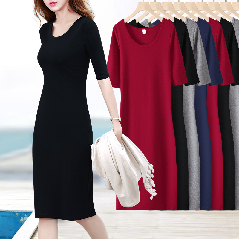 2024 Spring and Summer Black Long dress Over-knee Slim-fit Tight New Half Sleeve Basic Base Skirt for Women