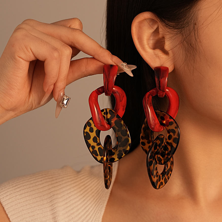 Exaggerated Contrast Acrylic Leopard Print Geometric Silver Pin Earrings European and American Personality Niche Elegant High-end Earrings for Women