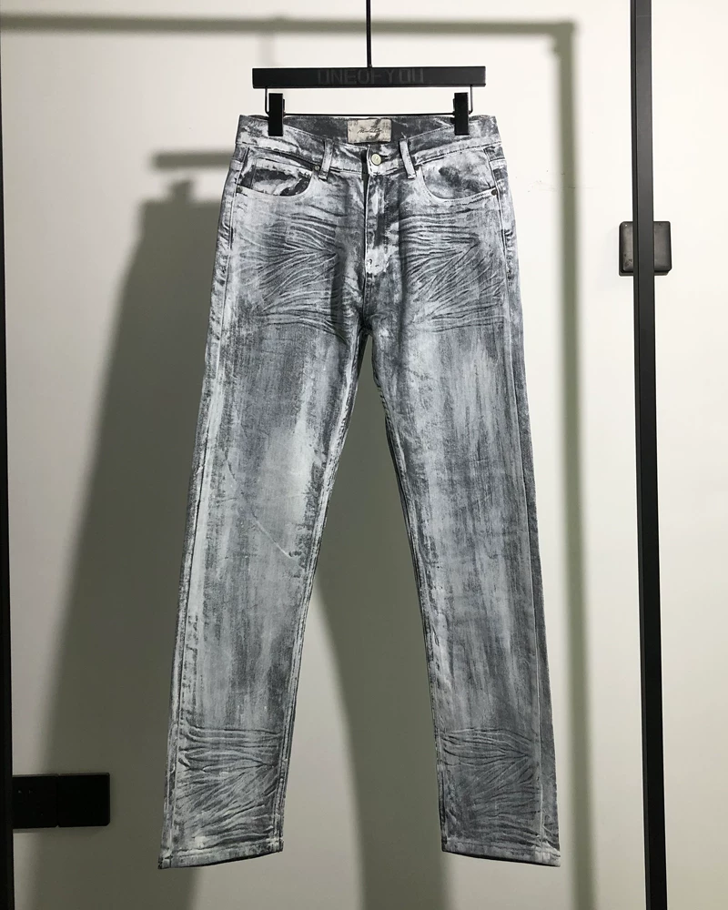 Oneofyou Heavy-Duty Coated Waxed White Paint Jeans for Men, Non-Ro Fog High Street Washed Splatter Straight-Leg Pants