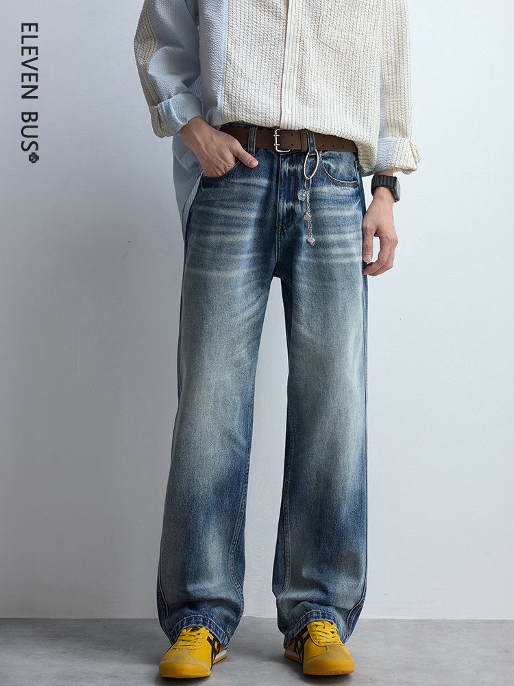 American High Street Vibe Flared Washed Jeans for Men, Trendy Brand Loose Fit, Cool and Stylish Men's Casual Straight Jeans