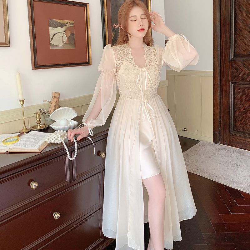 Morning Robe Female Bride Wedding High-End Ice Silk Pajamas Nightgown Lace Suspender Nightgown Two-Piece Suit