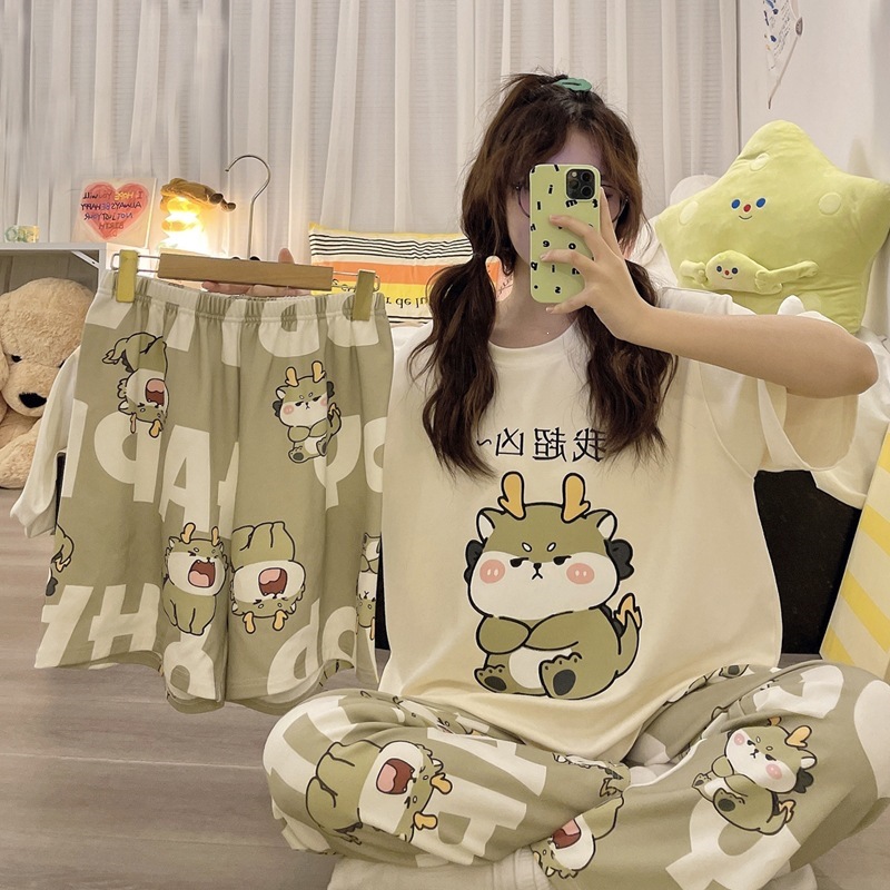 Women's Summer Thin Pajamas Three-Piece Set 2025 New Style Student Cartoon Cute Summer Style Home Wear Set That Can Be Worn Outside