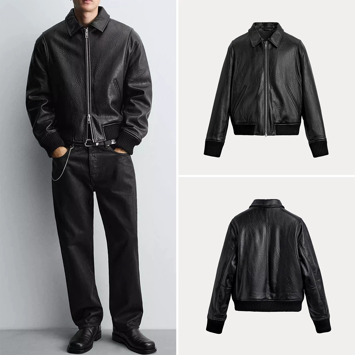 Men's Black Faux Leather Bomber Jacket
