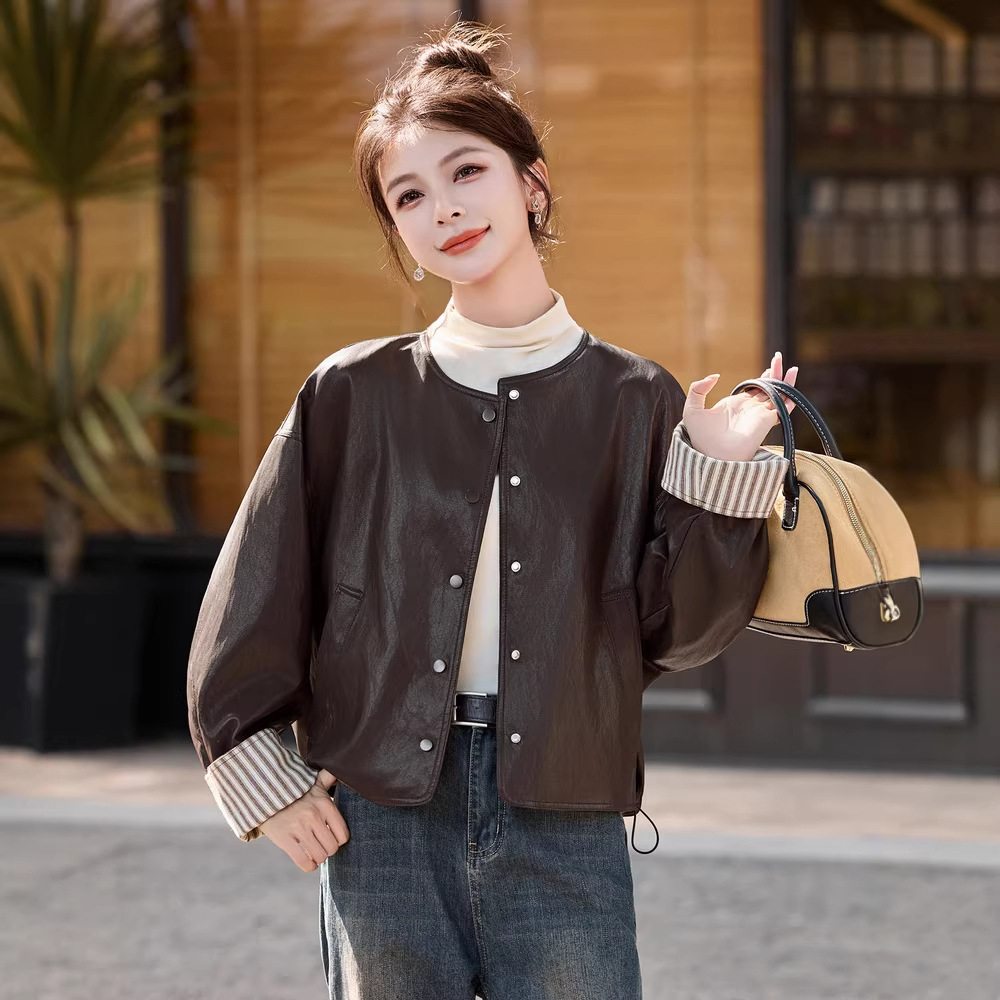 Korean Style Versatile Round Neck Leather Short Jacket for Women 2026 Autumn New Slim Fit Stylish Pu Leather Jacket Top