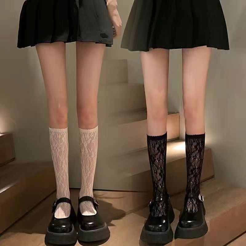 Summer thin socks pattern sexy calf socks girls black silk hollow tube socks slim ins trendy leg socks