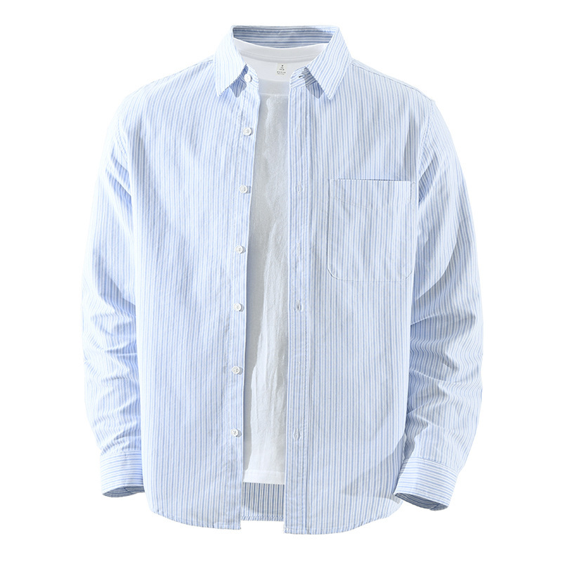 7908 Japanese-Style Oxford Striped Long-Sleeve Shirt for Men, Fashionable Versatile Artistic Casual Loose Top, Available for Wholesale