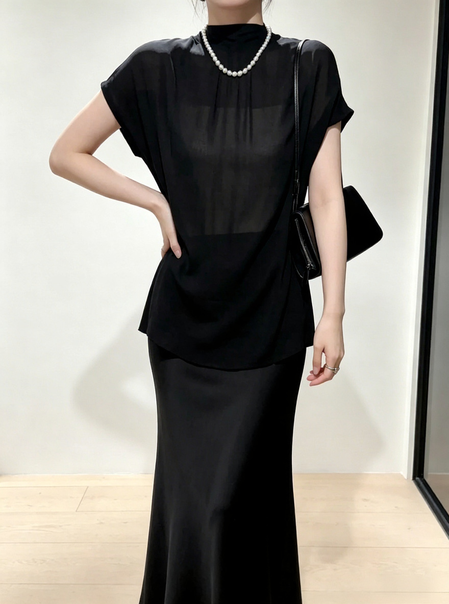 Light and Sophisticated Minimalist Style Ribbon Stand Collar Short-Sleeve Shirt for Women, 2026 New Model, Loose Fit, Slimming, High-End Feel, Workwear Top
