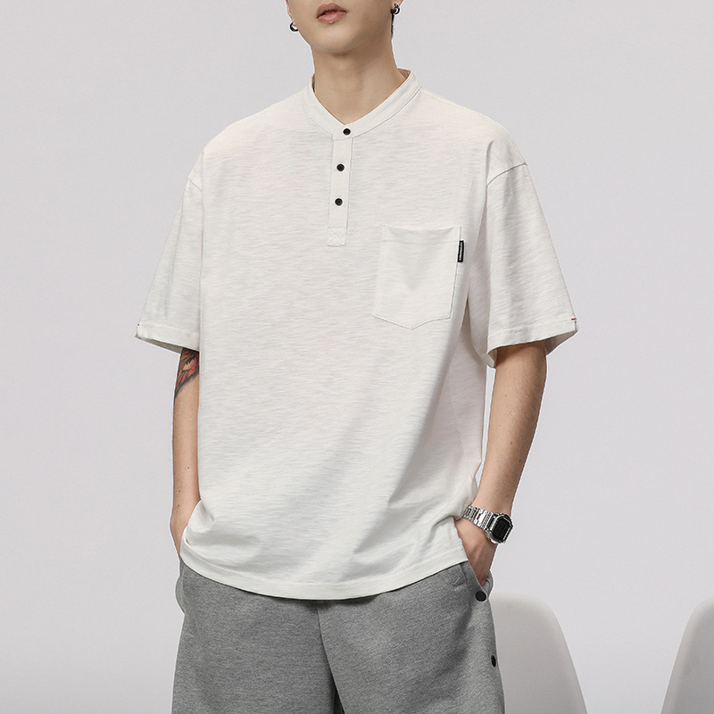 2026 Spring and Summer New Style Pure Color Simple T-Shirt Men's Loose Thin Henley Collar American Retro Short-Sleeved Top