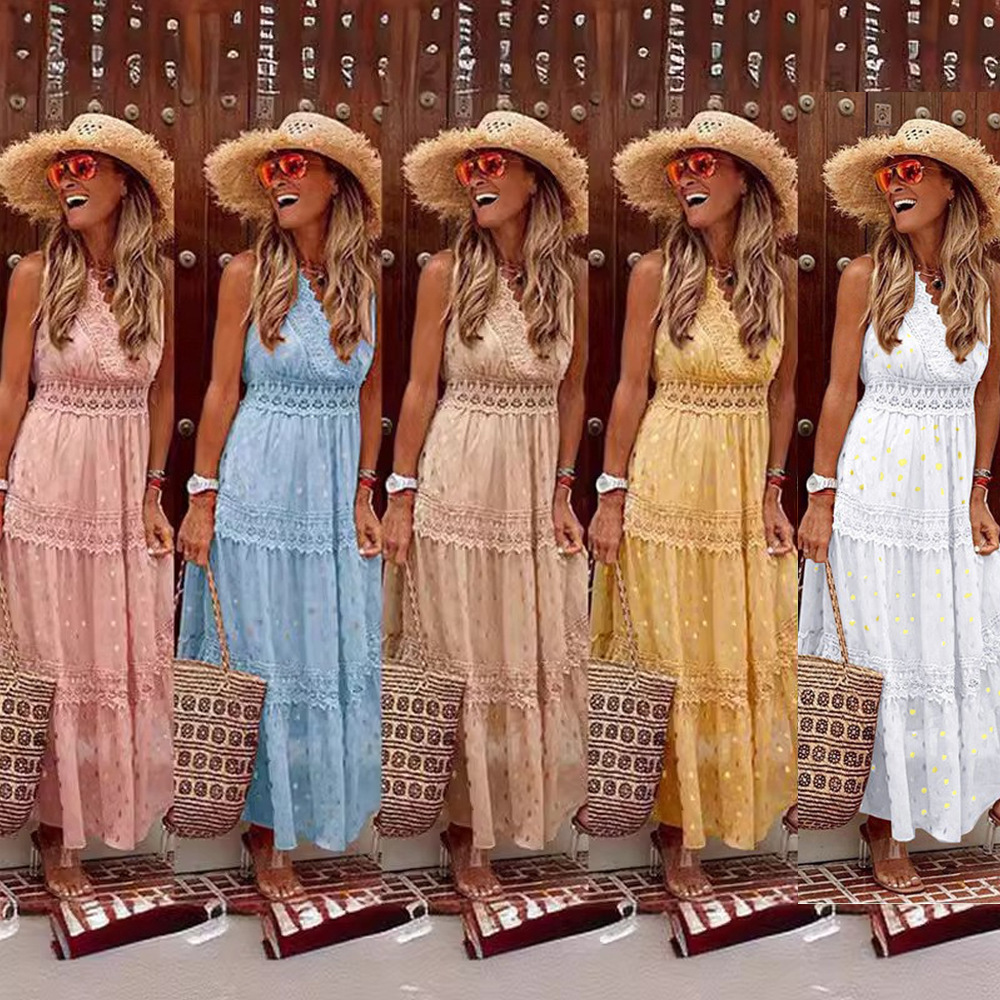 Summer Export New Women's Clothing Wish Amazon Sexy Deep V Sleeveless Chiffon Dress Spliced Mid-Length Skirt