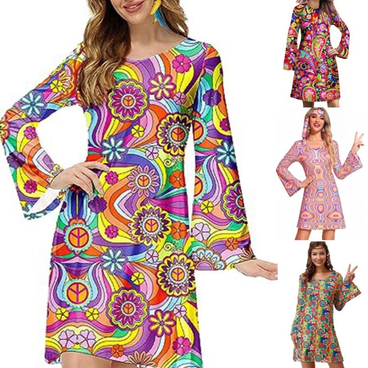 2024 Amazon Cross-border New European and American Women's Halloween Vintage Hippie Trumpet Sleeve Printed Women's dress